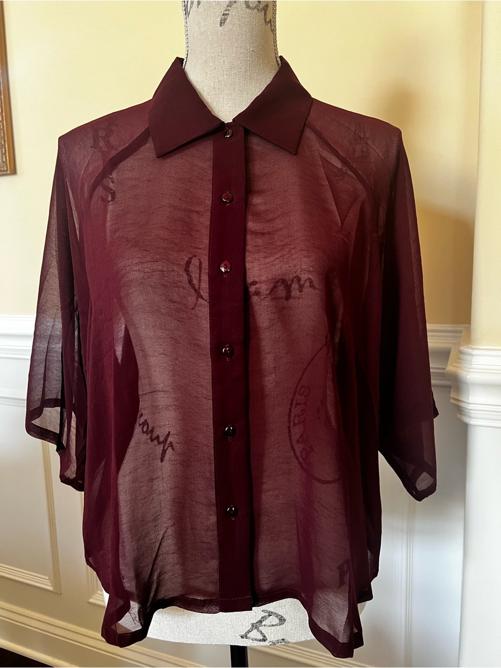 Burgundy, Sheer Chiffon Button Down, Raglan 3/4 Sleeves Swing style Blouse.
